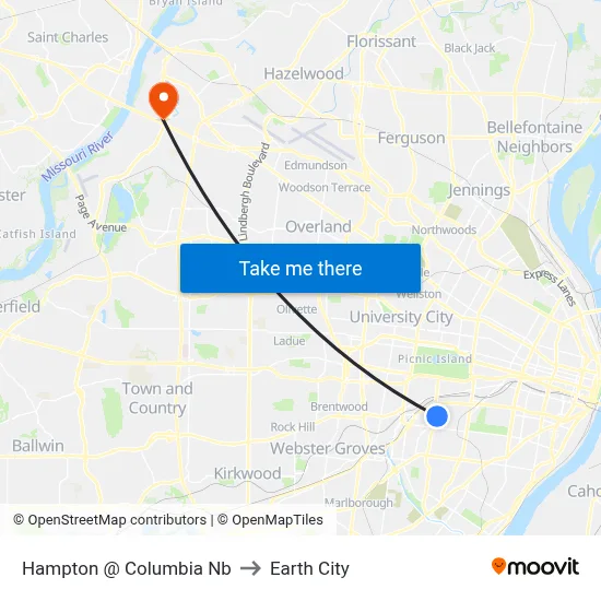 Hampton @ Columbia Nb to Earth City map