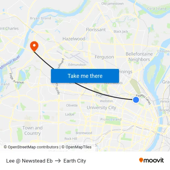 Lee @ Newstead Eb to Earth City map