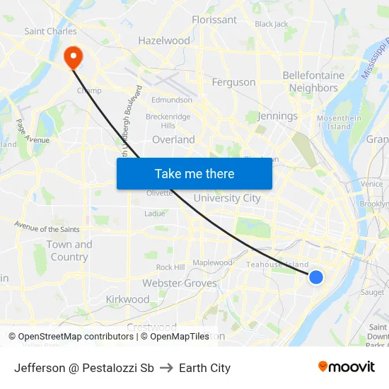 Jefferson @ Pestalozzi Sb to Earth City map