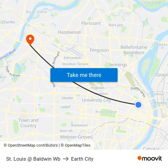 St. Louis @ Baldwin Wb to Earth City map