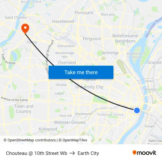 Chouteau @ 10th Street Wb to Earth City map