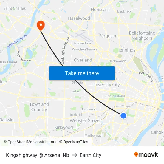 Kingshighway @ Arsenal Nb to Earth City map