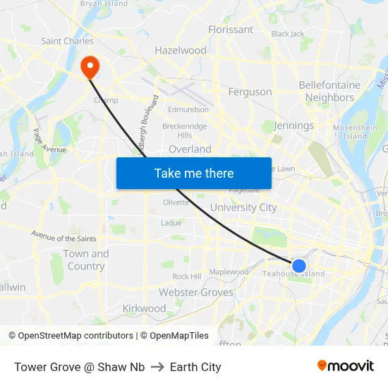 Tower Grove @ Shaw Nb to Earth City map