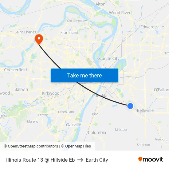 Illinois Route 13 @ Hillside Eb to Earth City map