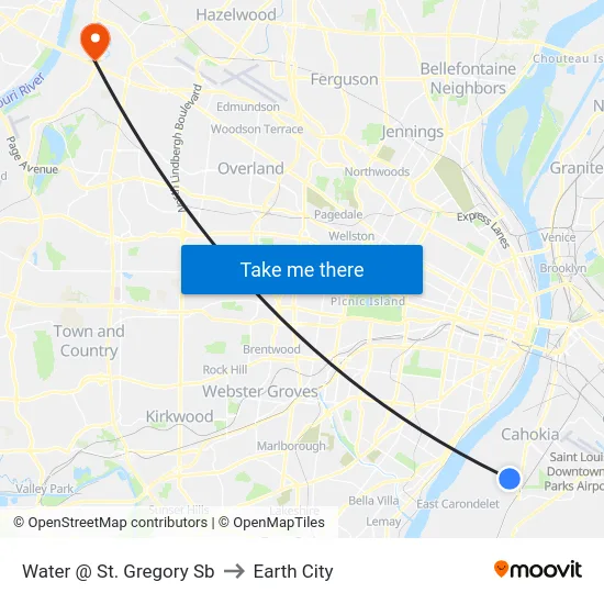 Water @ St. Gregory Sb to Earth City map