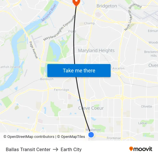 Ballas Transit Center to Earth City map