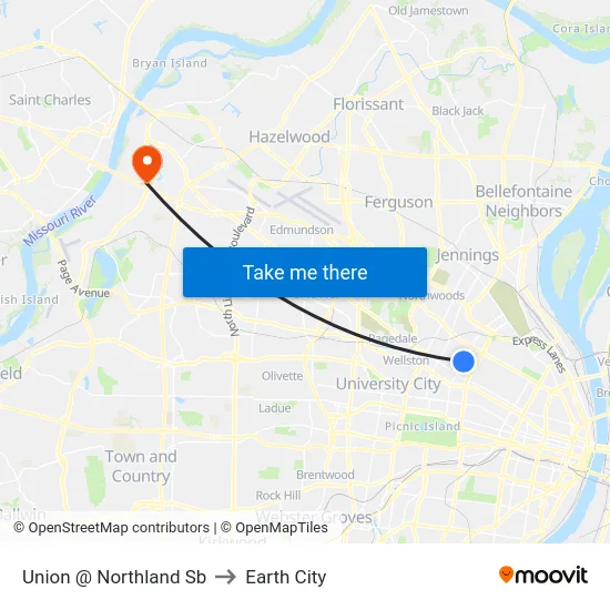Union @ Northland Sb to Earth City map