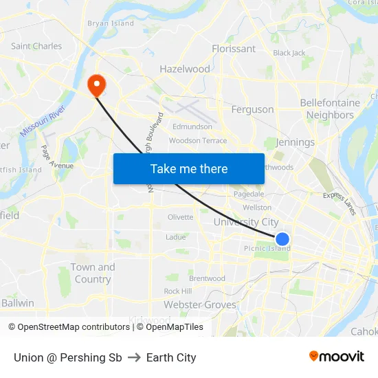 Union @ Pershing Sb to Earth City map