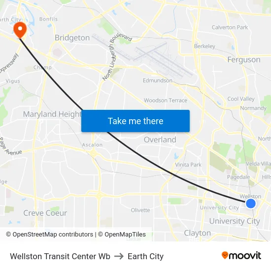 Wellston Transit Center Wb to Earth City map