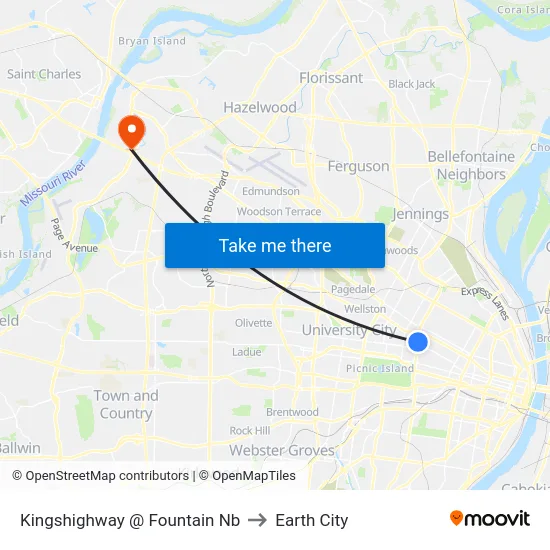 Kingshighway @ Fountain Nb to Earth City map