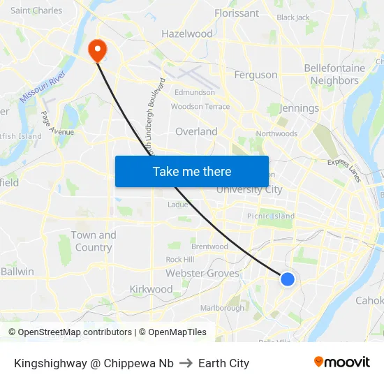 Kingshighway @ Chippewa Nb to Earth City map