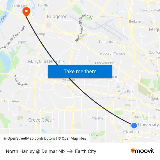 North Hanley @ Delmar Nb to Earth City map
