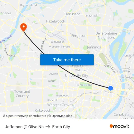 Jefferson @ Olive Nb to Earth City map