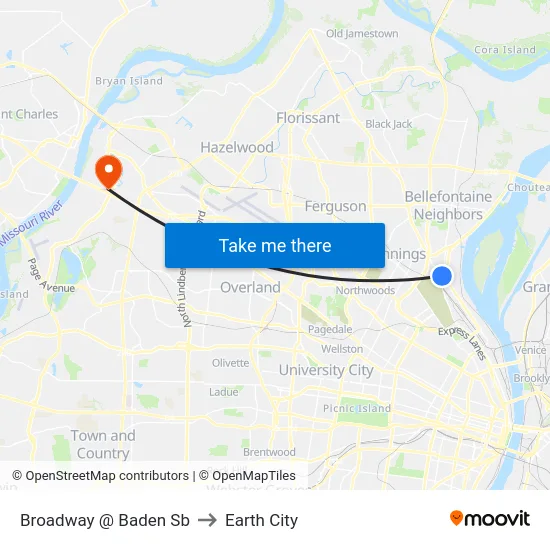 Broadway @ Baden Sb to Earth City map