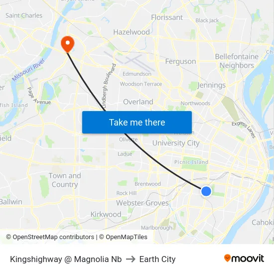 Kingshighway @ Magnolia Nb to Earth City map