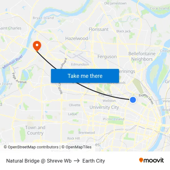 Natural Bridge @ Shreve Wb to Earth City map