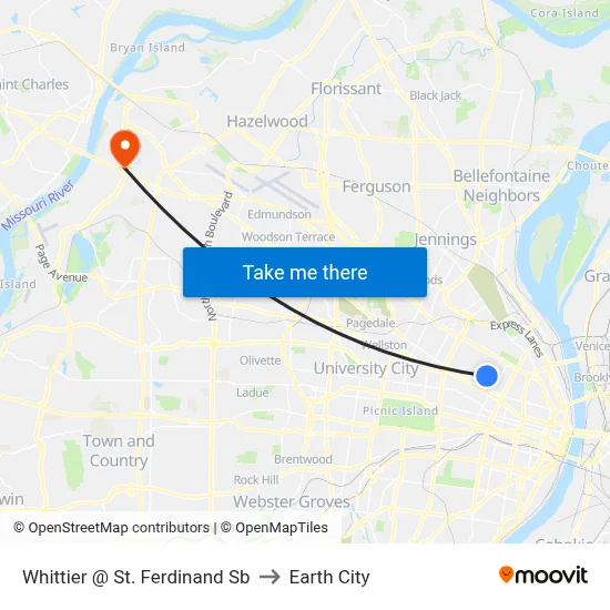 Whittier @ St. Ferdinand Sb to Earth City map