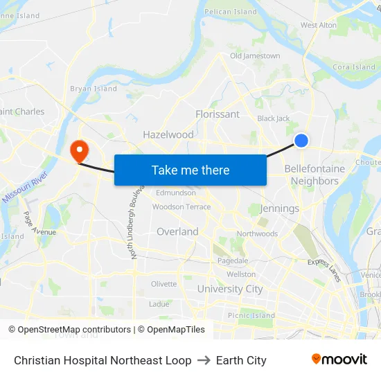 Christian Hospital Northeast Loop to Earth City map