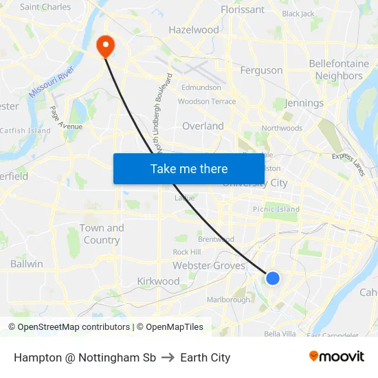Hampton @ Nottingham Sb to Earth City map