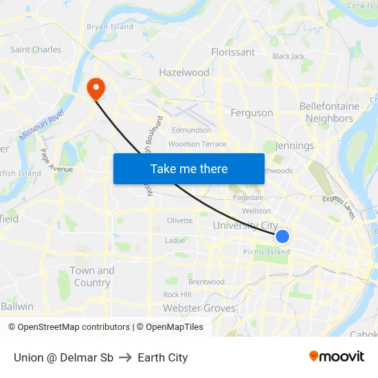 Union @ Delmar Sb to Earth City map