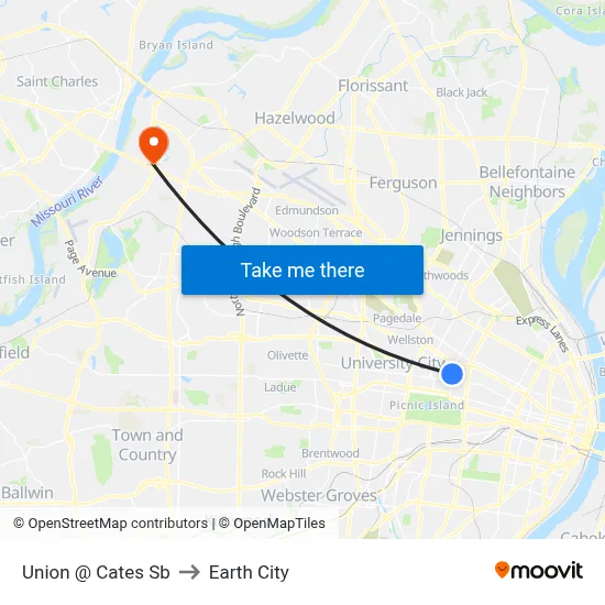 Union @ Cates Sb to Earth City map