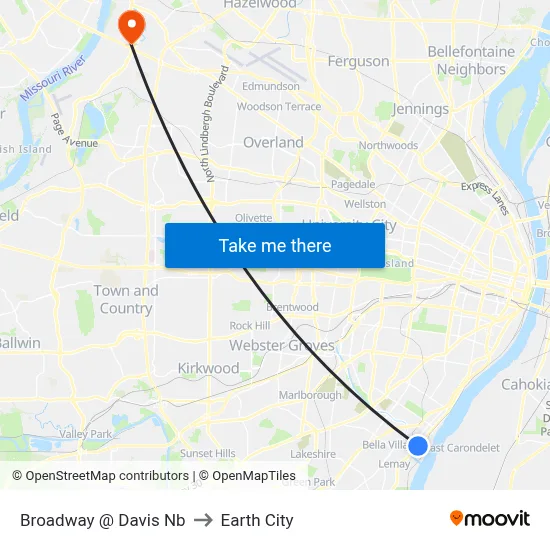 Broadway @ Davis Nb to Earth City map