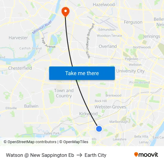 Watson @ New Sappington Eb to Earth City map
