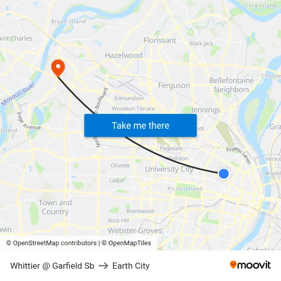 Whittier @ Garfield Sb to Earth City map