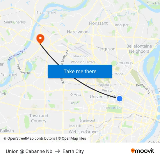 Union @ Cabanne Nb to Earth City map