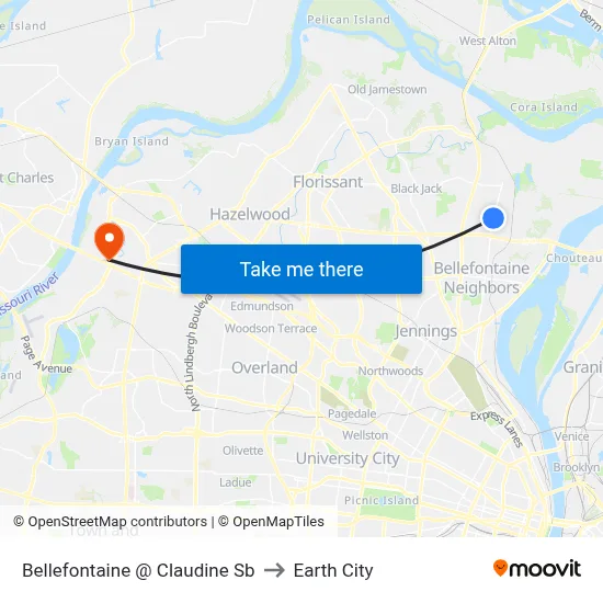 Bellefontaine @ Claudine Sb to Earth City map