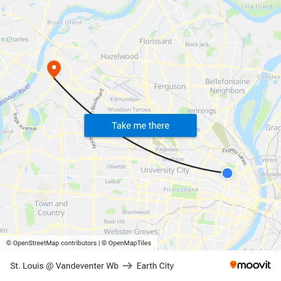 St. Louis @ Vandeventer Wb to Earth City map