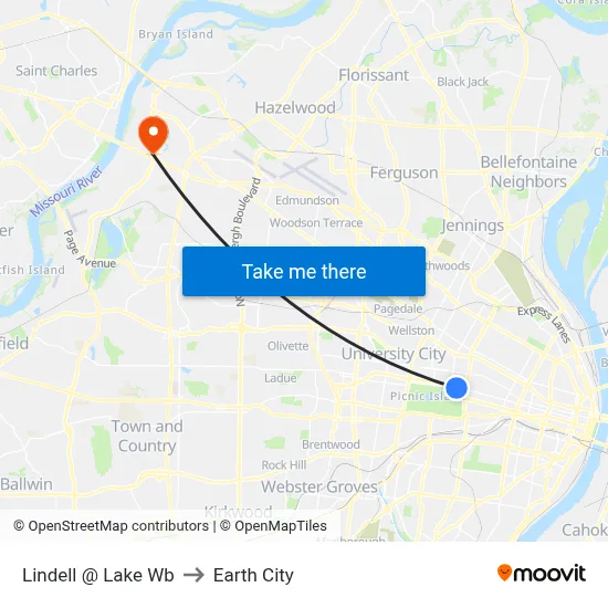 Lindell @ Lake Wb to Earth City map