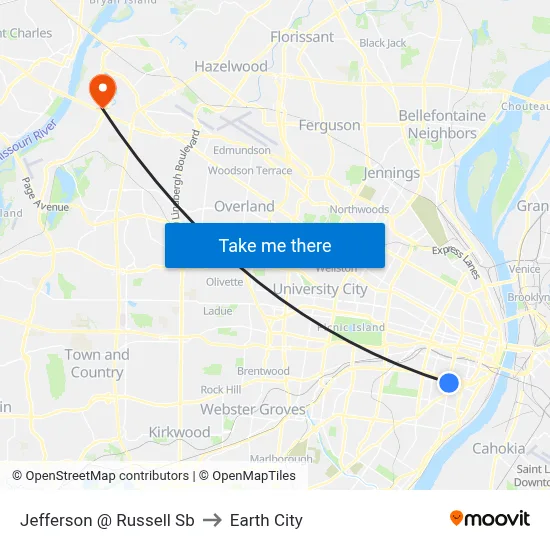 Jefferson @ Russell Sb to Earth City map