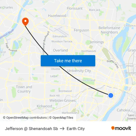 Jefferson @ Shenandoah Sb to Earth City map