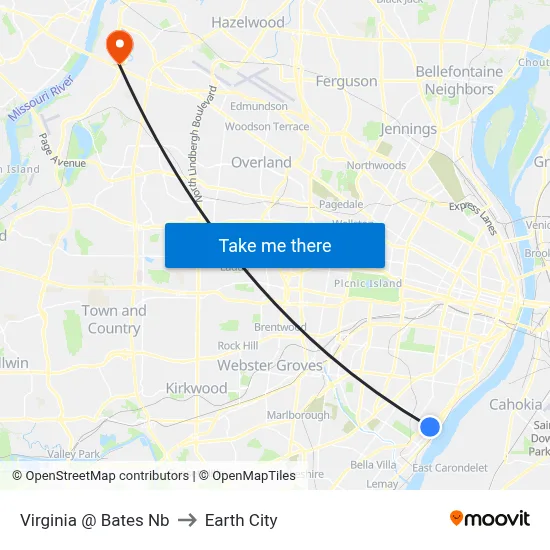 Virginia @ Bates Nb to Earth City map