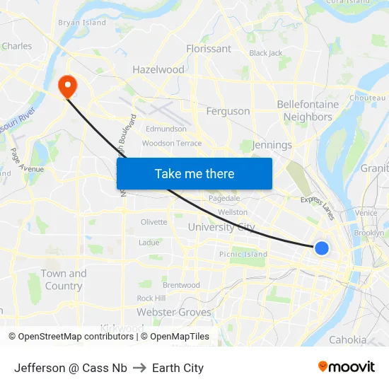Jefferson @ Cass Nb to Earth City map