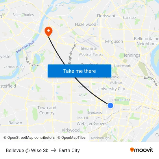 Bellevue @ Wise Sb to Earth City map