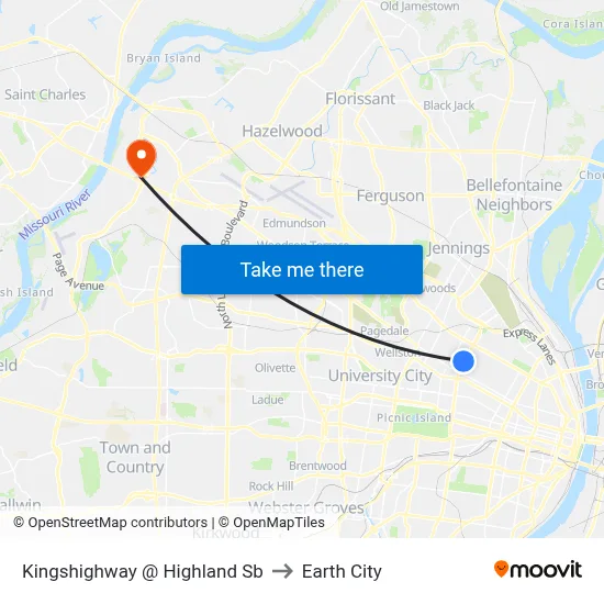Kingshighway @ Highland Sb to Earth City map