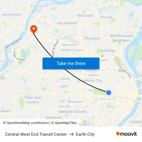 Central West End Transit Center to Earth City map
