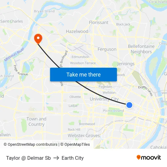 Taylor @ Delmar Sb to Earth City map