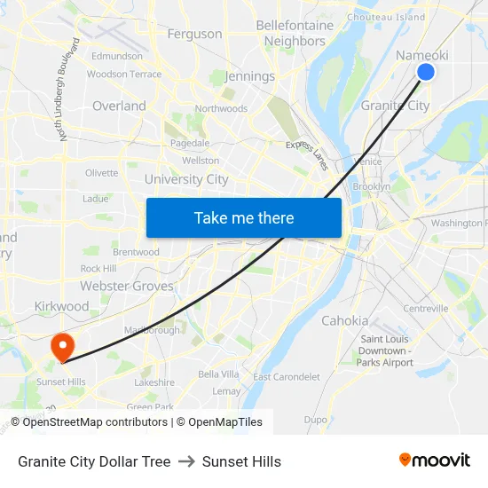 Granite City Dollar Tree to Sunset Hills map