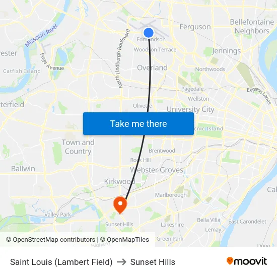 Saint Louis (Lambert Field) to Sunset Hills map