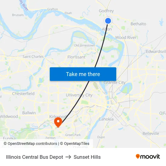 Illinois Central Bus Depot to Sunset Hills map