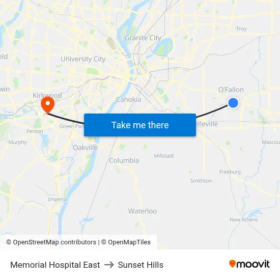 Memorial Hospital East to Sunset Hills map