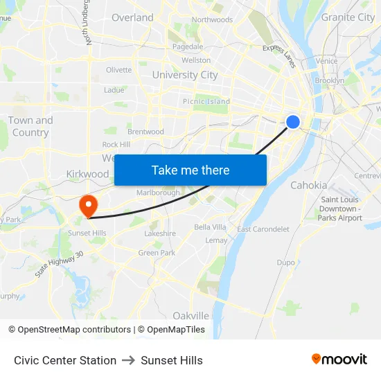 Civic Center Station to Sunset Hills map