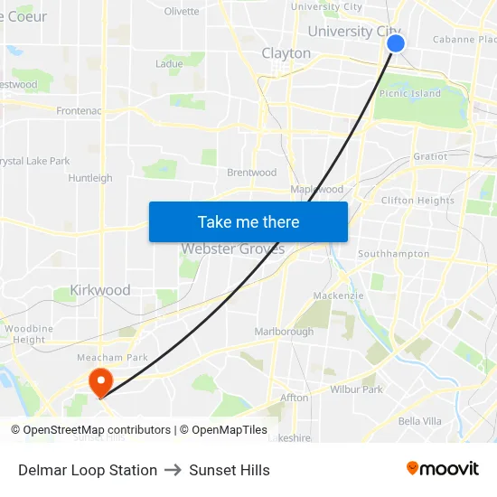 Delmar Loop Station to Sunset Hills map