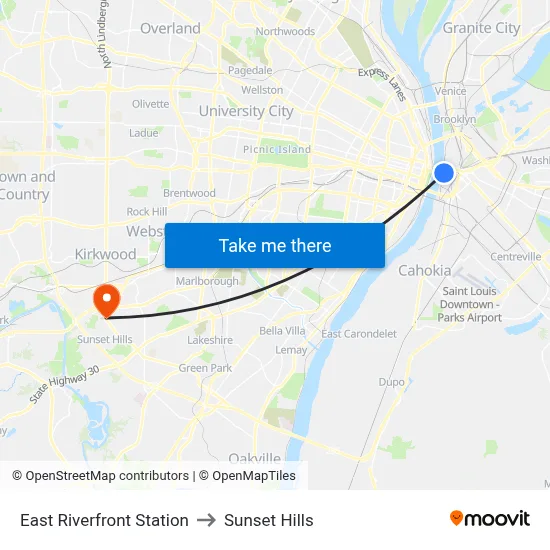 East Riverfront Station to Sunset Hills map