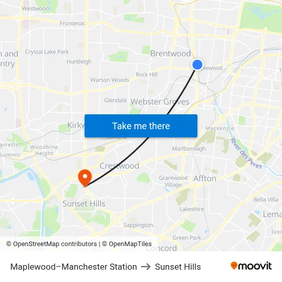 Maplewood–Manchester Station to Sunset Hills map