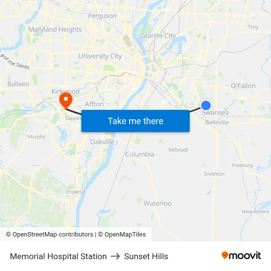 Memorial Hospital Station to Sunset Hills map