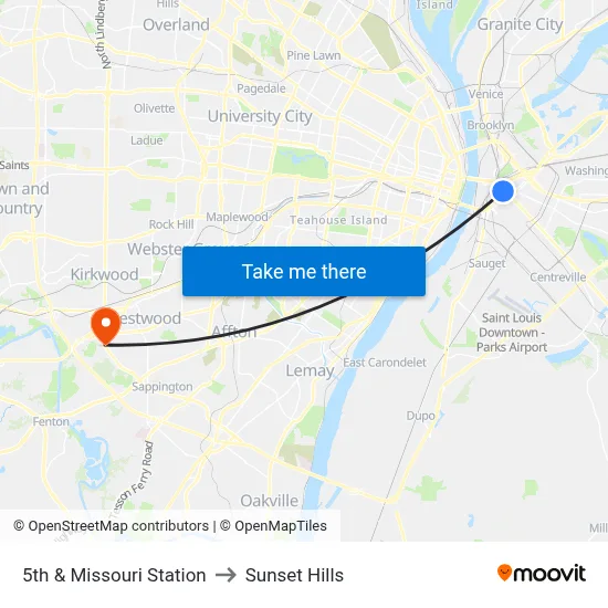 5th & Missouri Station to Sunset Hills map